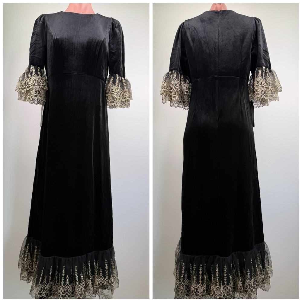 Tuckernuck Pomander Place Gold Embroidered Hem Velvet Lillith Black Dress Size S